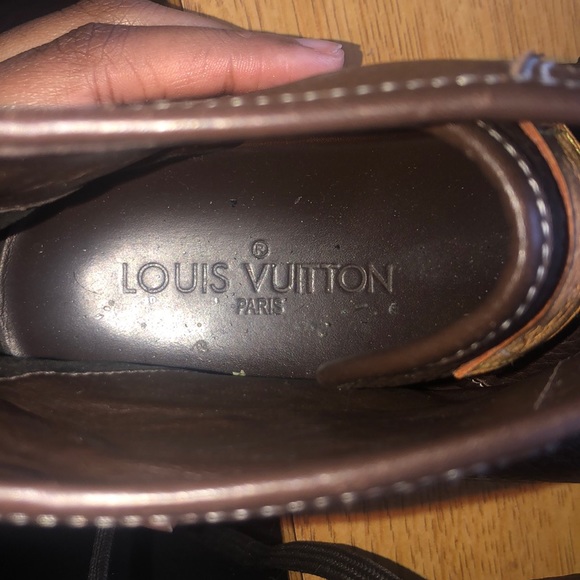 Brown & White Leather LV Laced High Top Sneakers - Picture 4 of 5